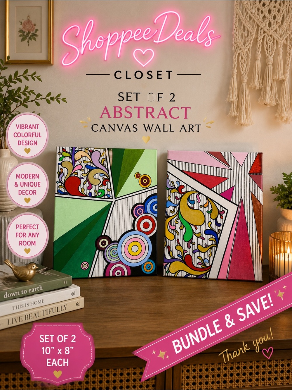 Set of 2 Colorful Abstract Canvas Wall Art 10â x 8â Modern Geometric DĂ©cor